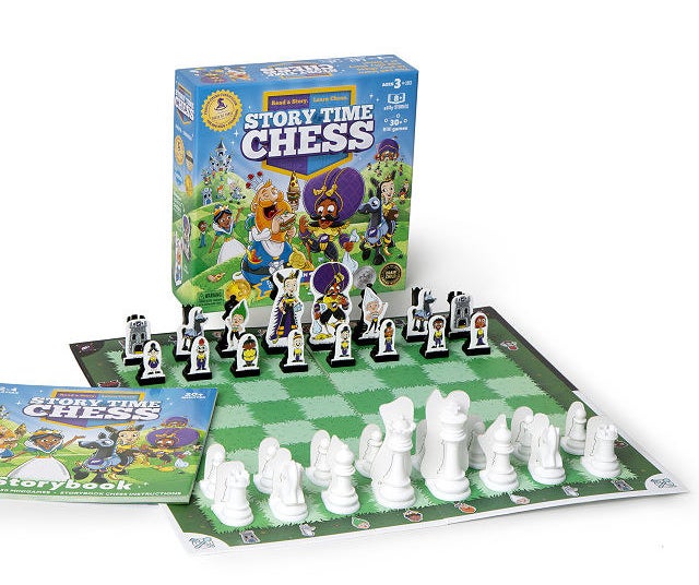 Green chess board with story characters attached to chess pawns nest to storybook and game box