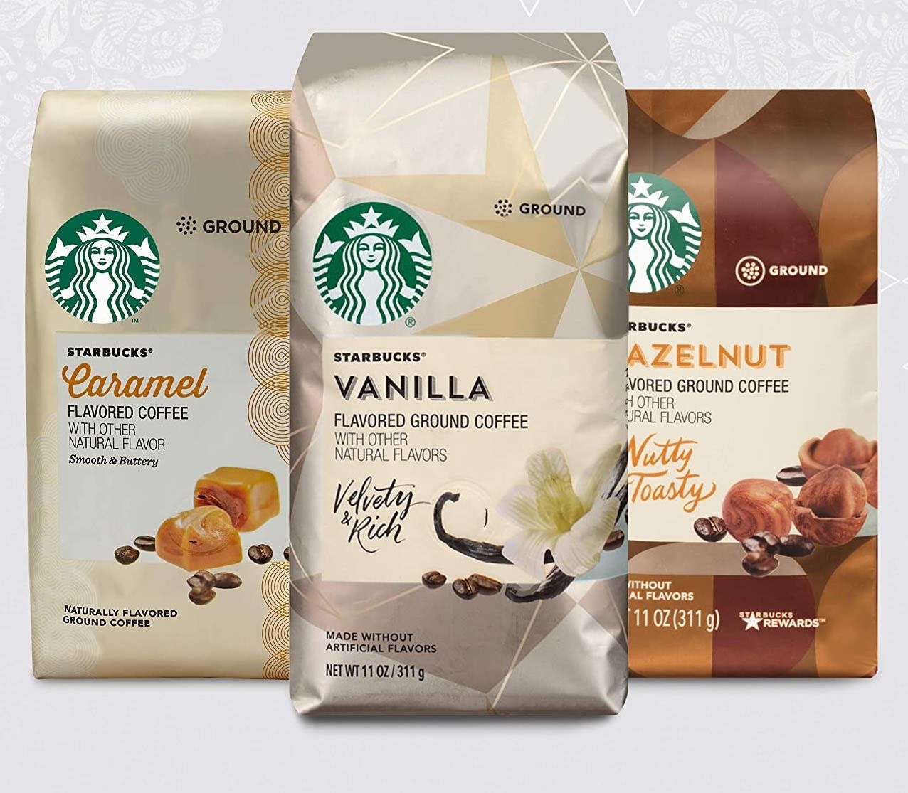 The three flavors of Starbucks coffees in their packaging