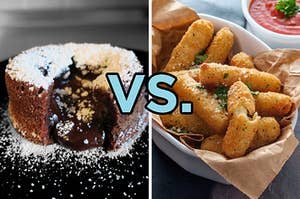 On the left, a chocolate molten cake topped with powdered sugar, and on the right, a basket of mozzarella stick with versus typed in the middle