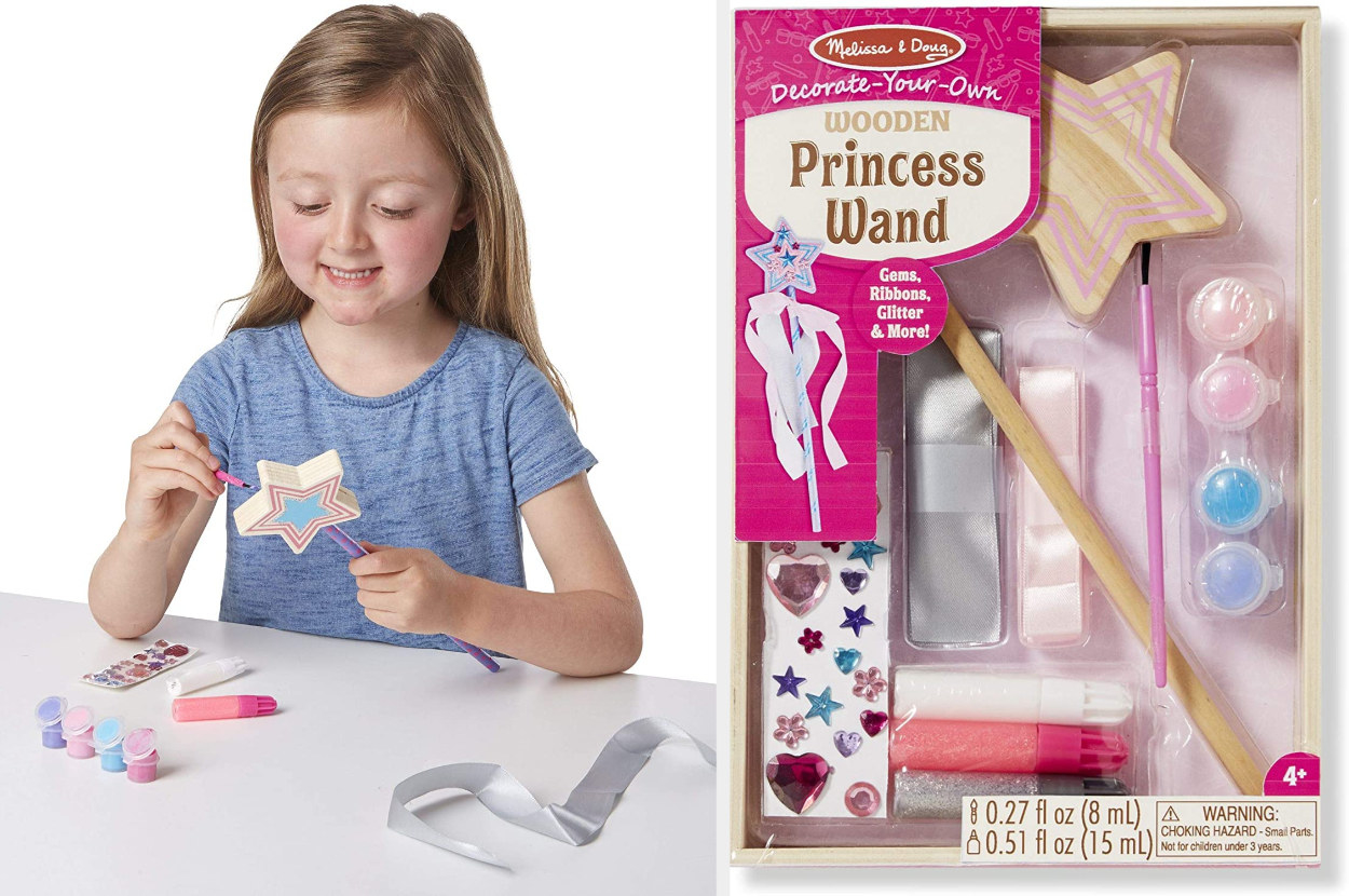 Split image of child model decorating a wooden wand and the complete packaging of the wand set