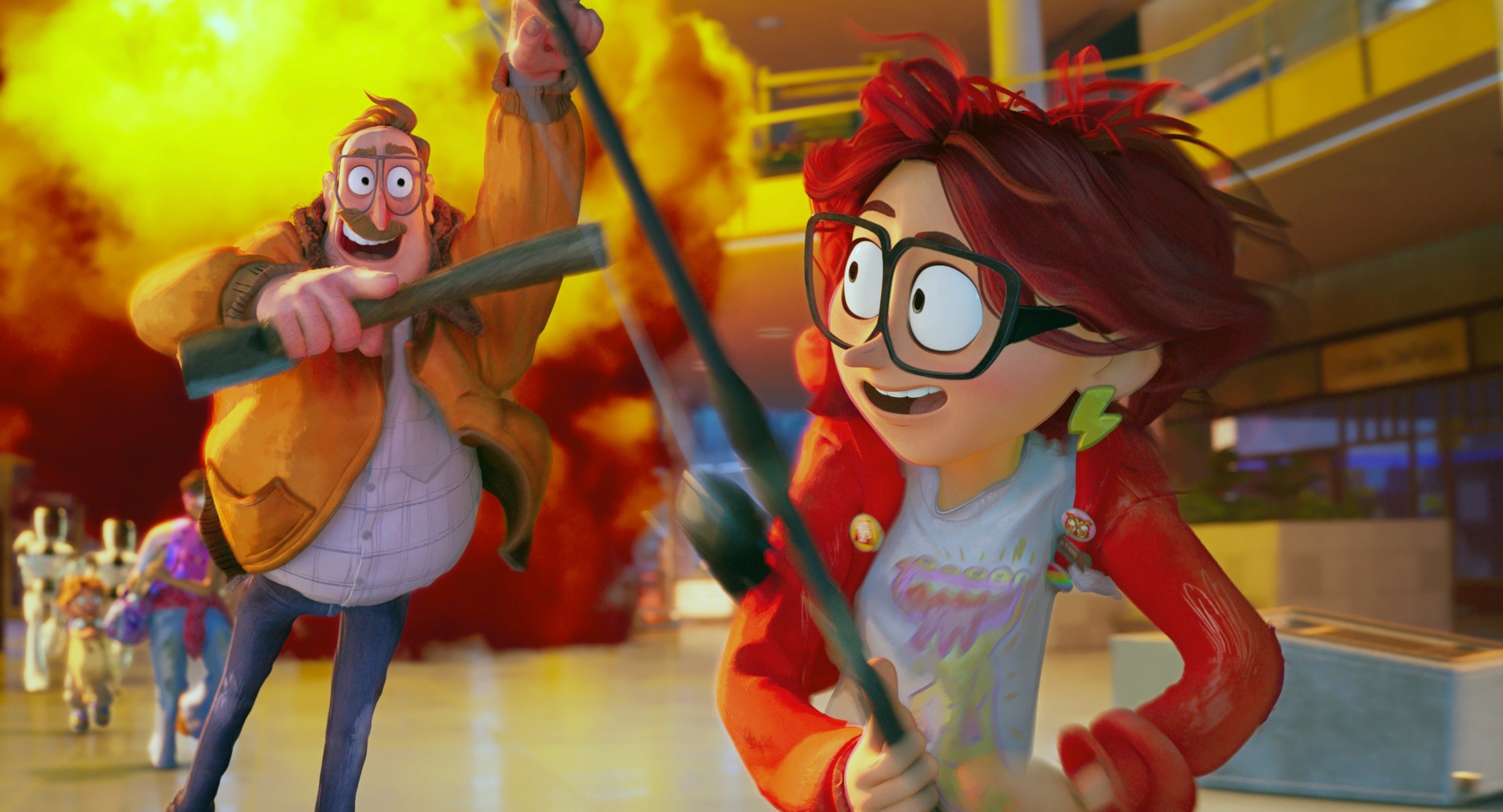 Rick Mitchell (voice Danny McBride), Katie Mitchell (voice: Abbi Jacobson) running from an explosion