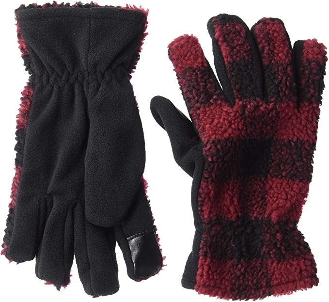 A pair of men&#x27;s Sherpa gloves that are machine-washable and have a touch screen function