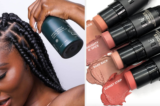 a model applying curl elixir; two-in-one makeup sticks