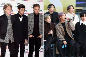 One Direction posing for a photo at the BBC Music Awards red carpet, Members of BTS at their Today Show interview in New York City