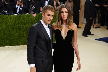 Justin and Hailey Bieber pose for a photo at the Met Gala
