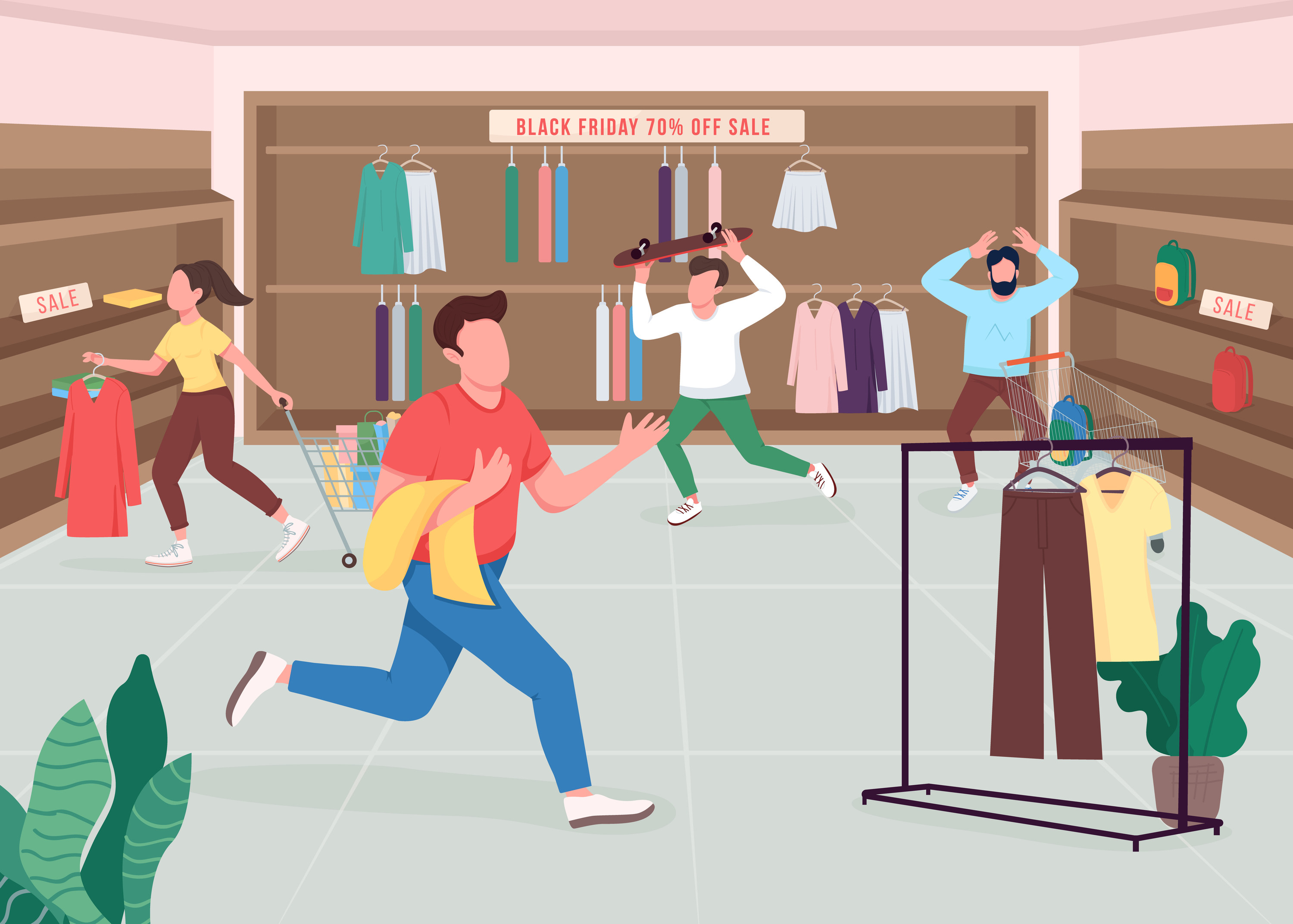 Illustration of people running around a store for &quot;Black Friday 70% off sale&quot;