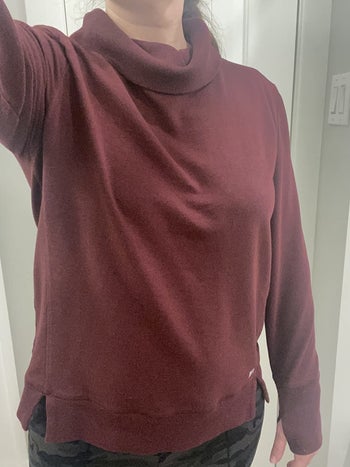 a reviewer burgundy cowl neck sweatshirt