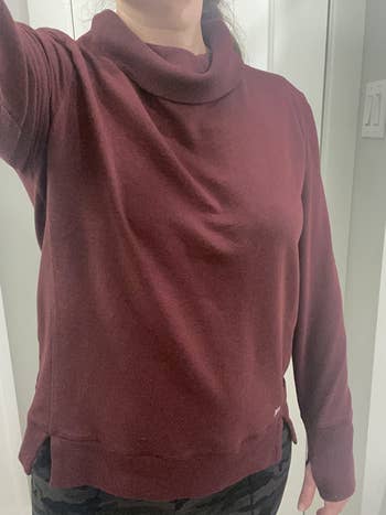 a reviewer burgundy cowl neck sweatshirt