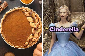 On the left, a pumpkin pie, and on the right, Lily James as Cinderella