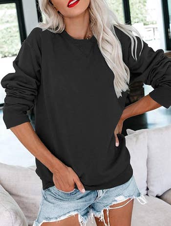 a model in a black crew neck long sleeve
