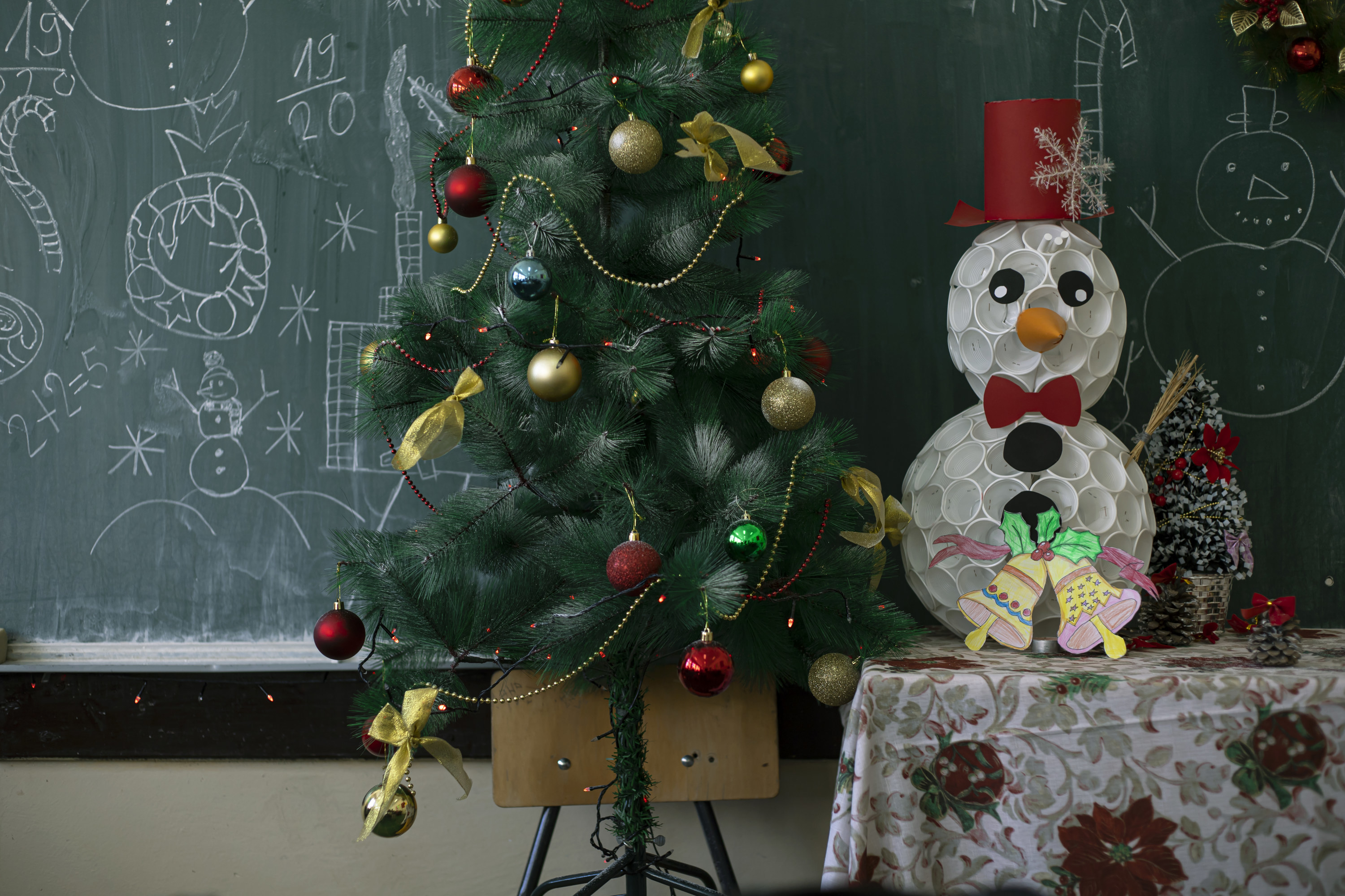 school classroom with Christmas decor