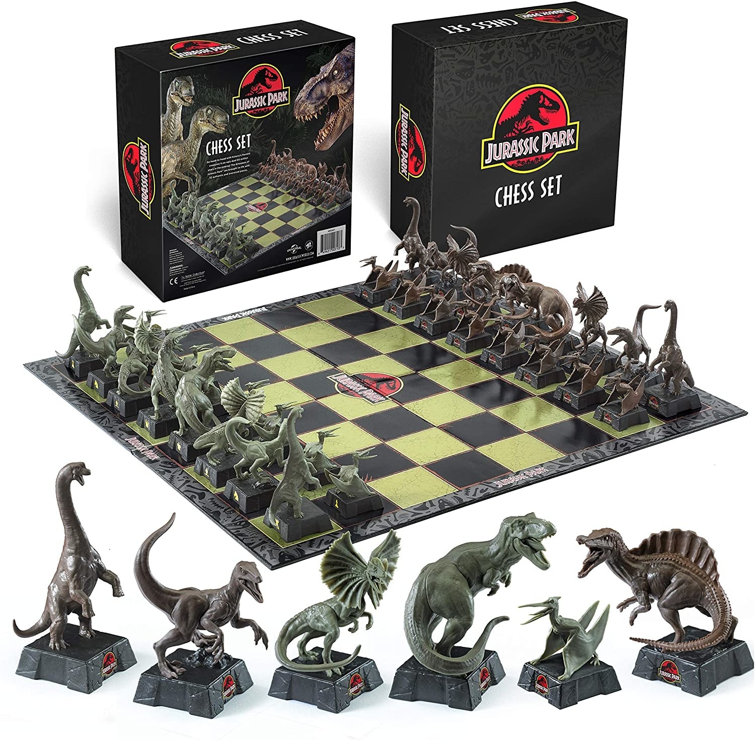 Green and black chessboard with dinosaur-shaped chess pieces and in front of a &quot;Jurassic Park&quot; chess box