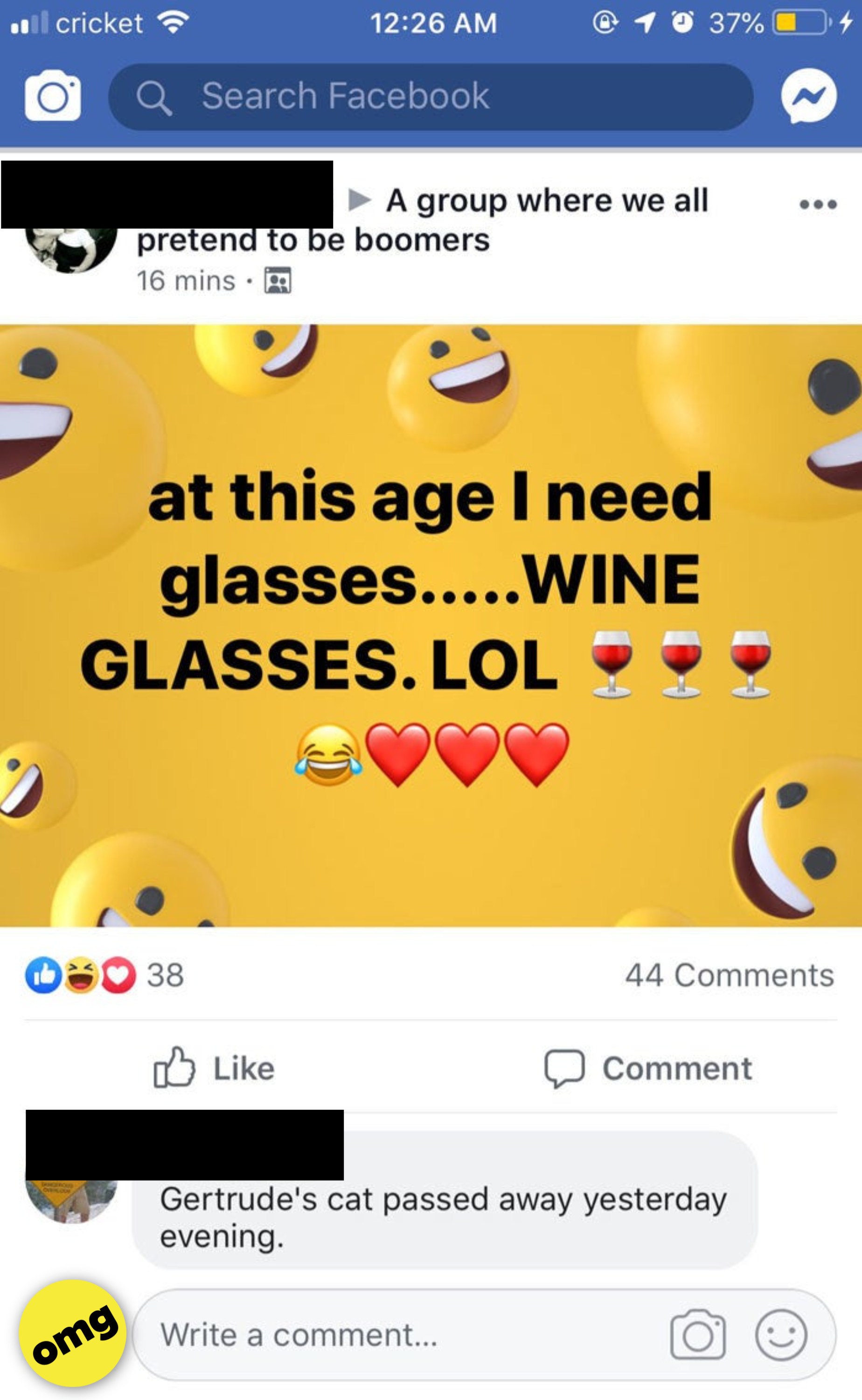 Someone posting on facebook: &quot;I need glasses...glasses and wine!!!&quot;