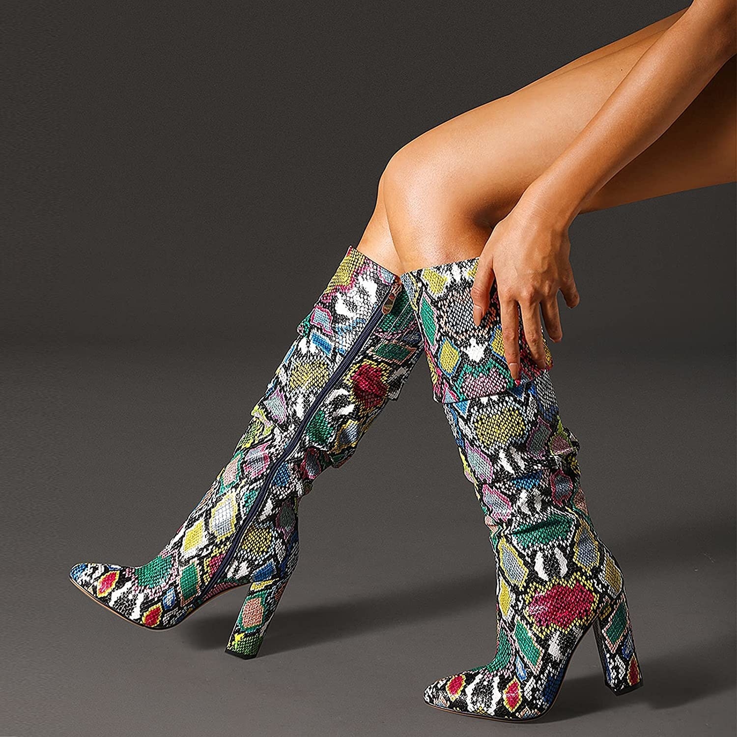 Tsmile Womens Snake Skin Print Boots Elegant Vegan Leather Lace Up Chunky High Heel Peep Toe Cutout Sandals 