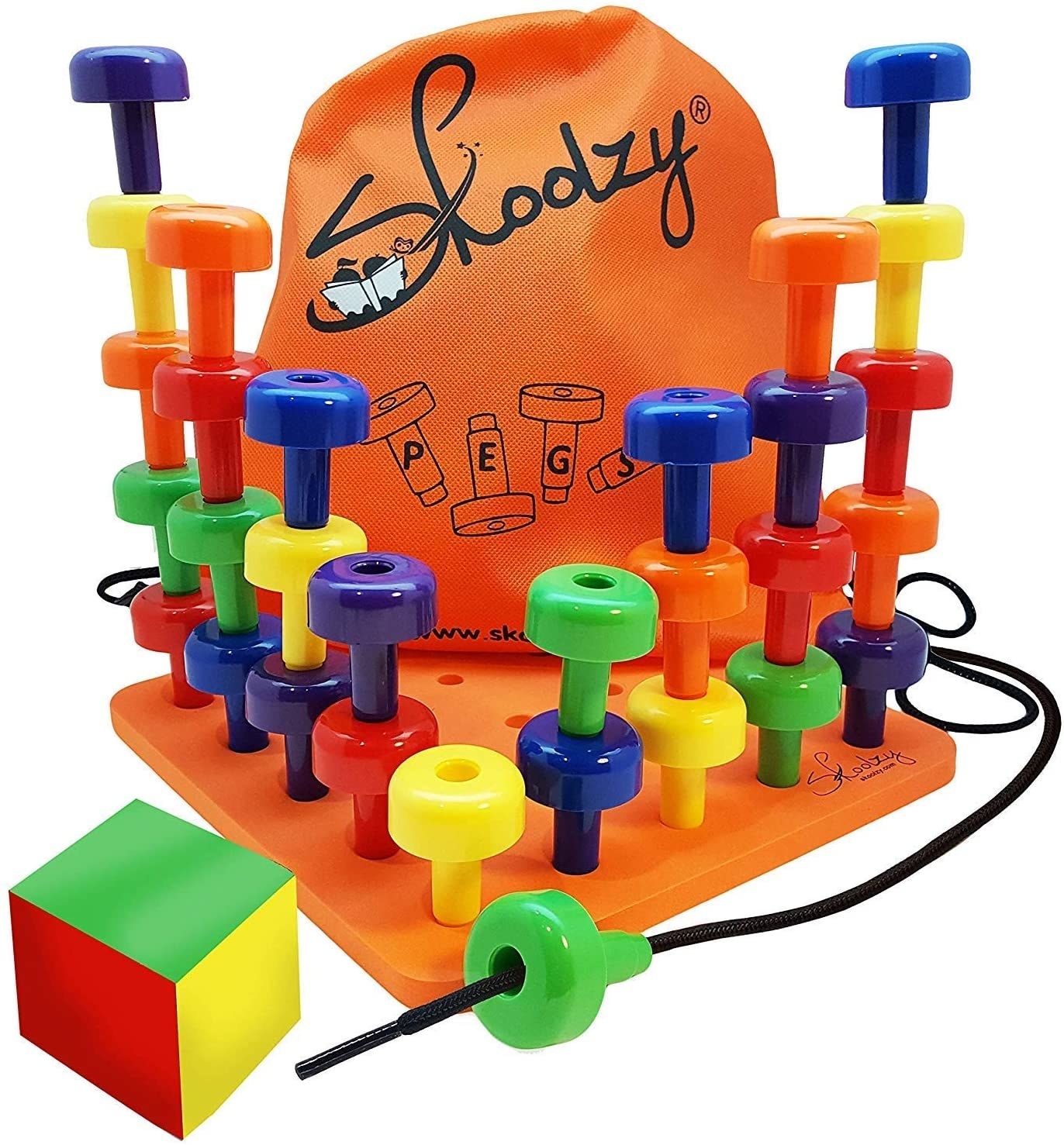 A peg board set with colorful pegs.