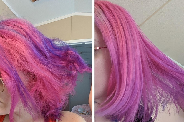 reviewer's before-and-after of their dyed hair looking frizzy and split compared to it looking smooth and even