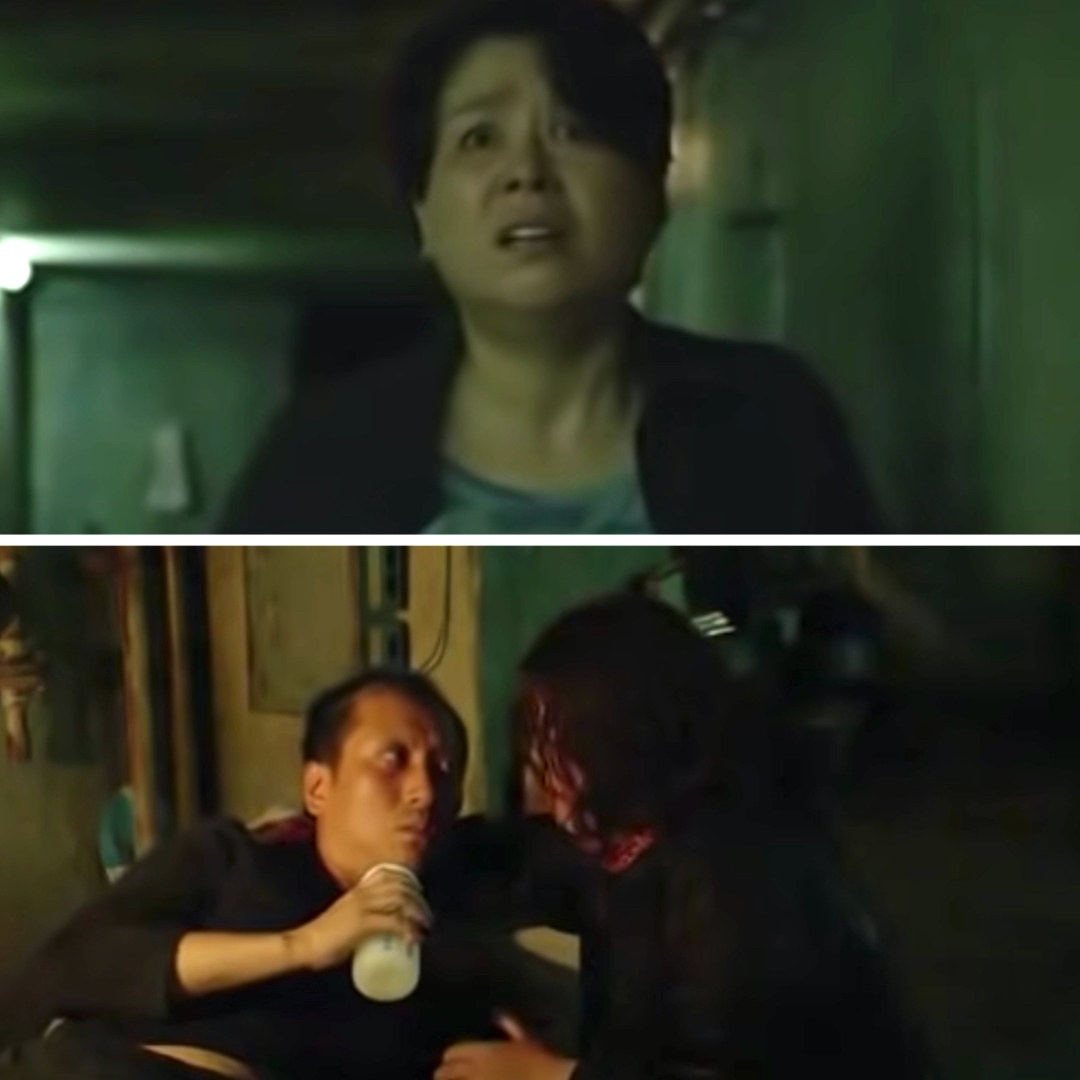 Chung-sook looks on in shock as Moon-gwang feeds her husband