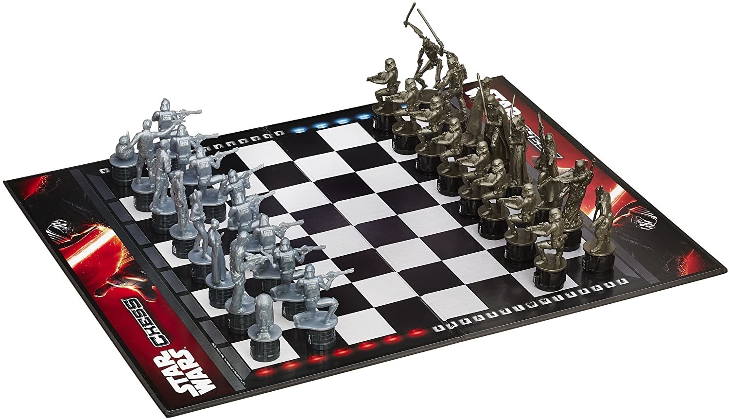 Red, black, and white Star Wars-themed chessboard with character pawns set up