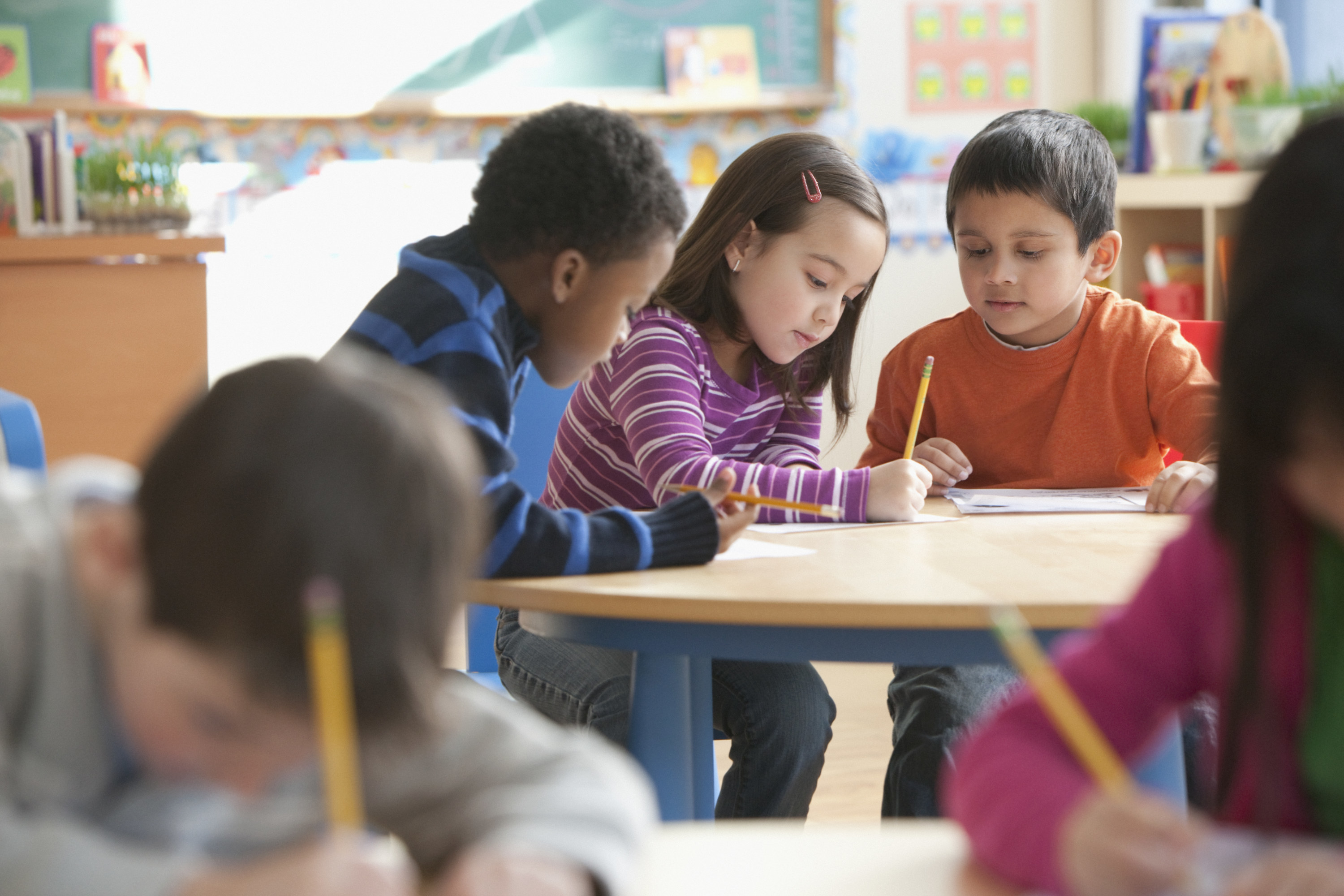 students working in groups in class