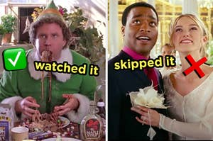 On the left, Buddy the Elf labeled watched it with a check mark next to him, and on the right, Peter and Juliet from Love Actually labeled skipped it with an x mark next to them