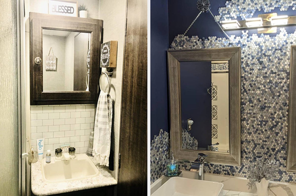 I transformed my bland bathroom using frog tape and tester pots and the  results were amazing
