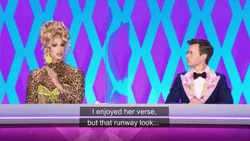 GIF of judging panel, with brooke lynn saying &quot;i enjoyed her verse but that runway look...&quot;