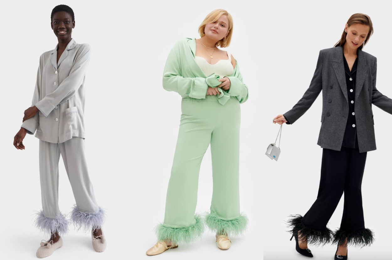 three model wearing the pajama set in three different colors. the first in gray with slippers, the second in green with the top open and crop top underneath, the third in black styled with a blazer and high heels.