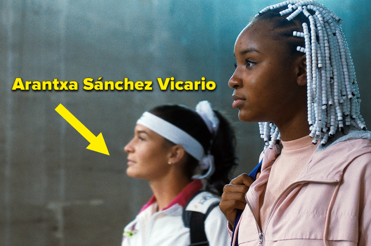 Marcela Zacarias as Arantxa Sánchez Vicario and Saniyya Sidney as Venus Williams, waiting to walk out onto the court for their match