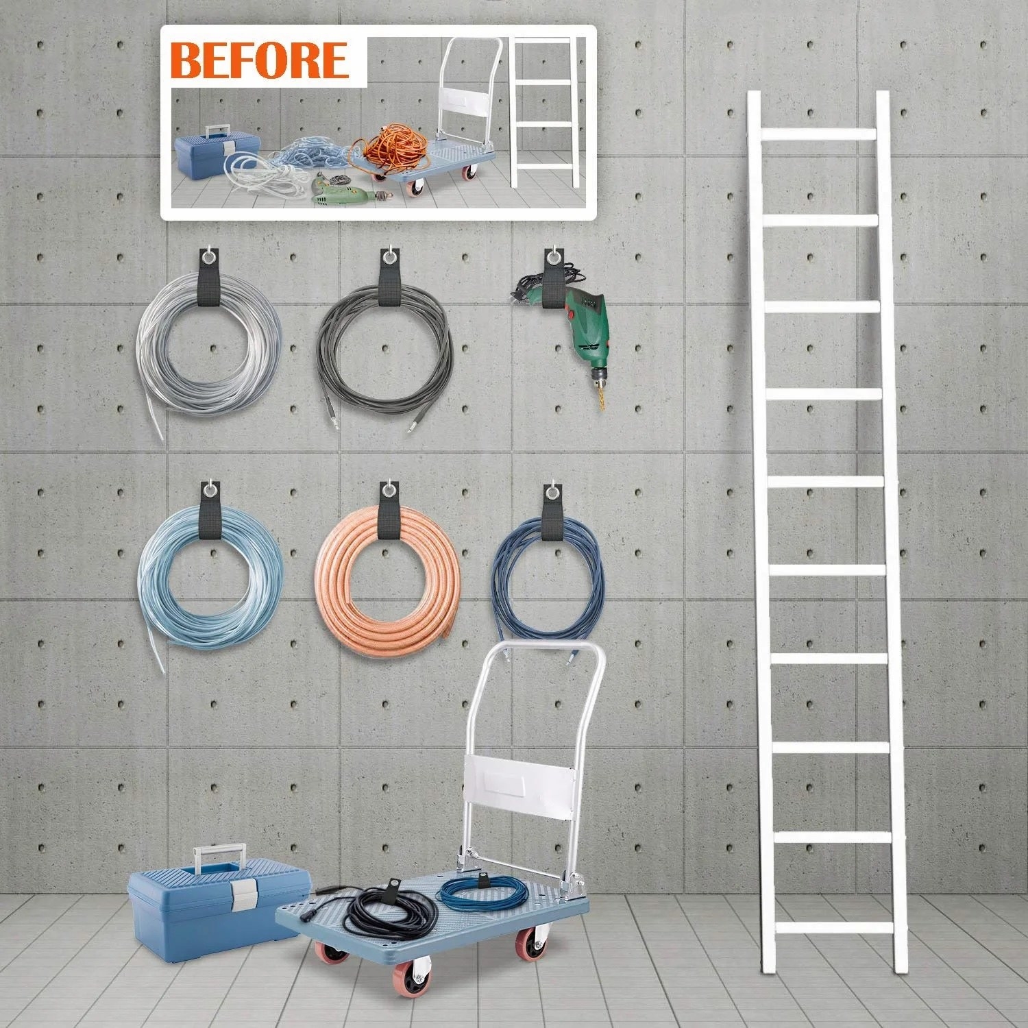 A set of extension cord organizers