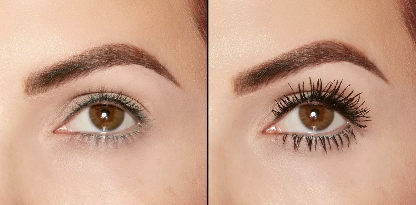A person showing the eyelashes before and after using a mascara
