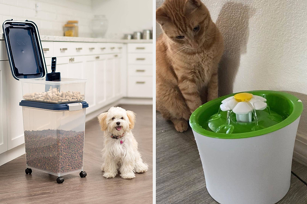 L: rolling two-tier plastic storage containers, one with dog treats and the other with dog food R: cat fountain with flower-shaped spout