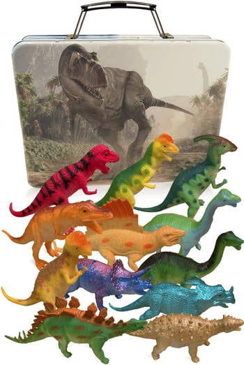 The metal box with 12 colorful dinosaur toys