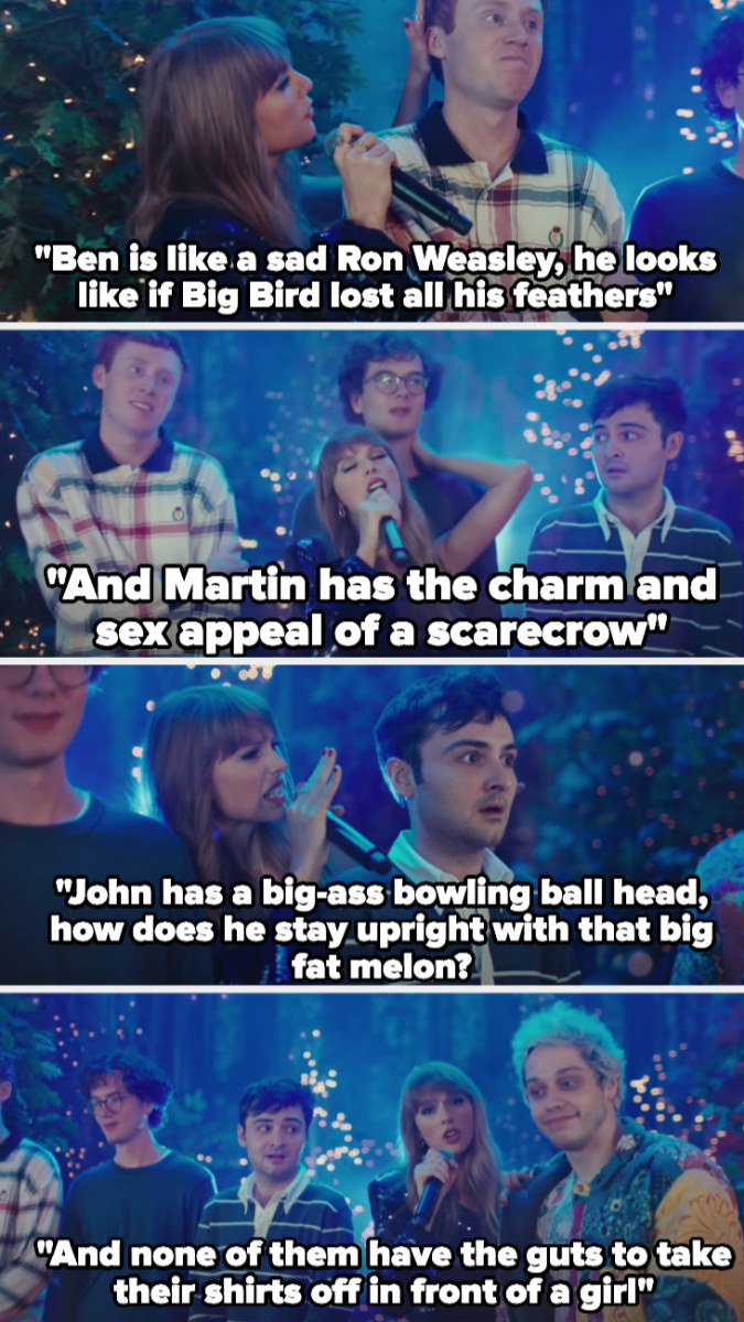 Taylor sang about Ben is a sad Ron Weasley and that Martin has the sex appeal of a scare crow