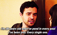 A close up of Nick Miller as he says, &quot;I&#x27;m 30 years old and I&#x27;ve peed in every pool I&#x27;ve been into. Every single one&quot;
