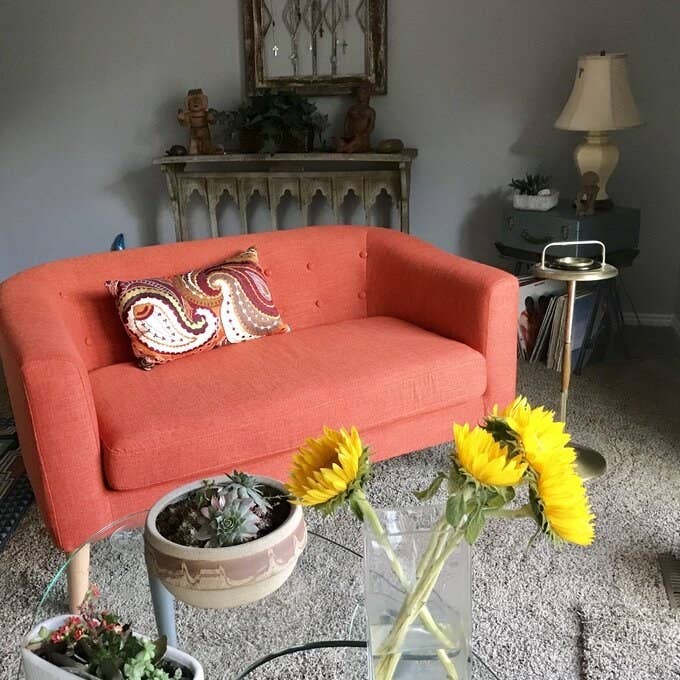 the salmon colored couch with a patterned throw pillow on it and a table with plants in front of it