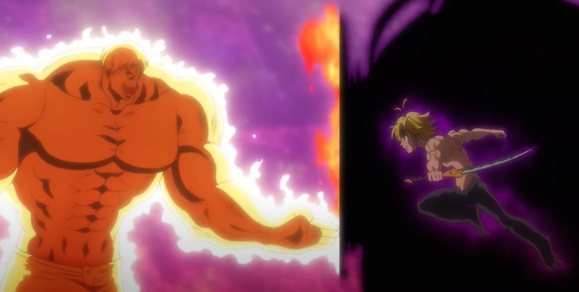 Escanor fighting Meliodas in demon form while closed in by Merlin&#x27;s perfect cube
