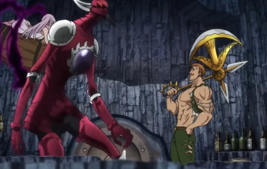 Galand standing with Melascula talking to Escanor in his strong man form
