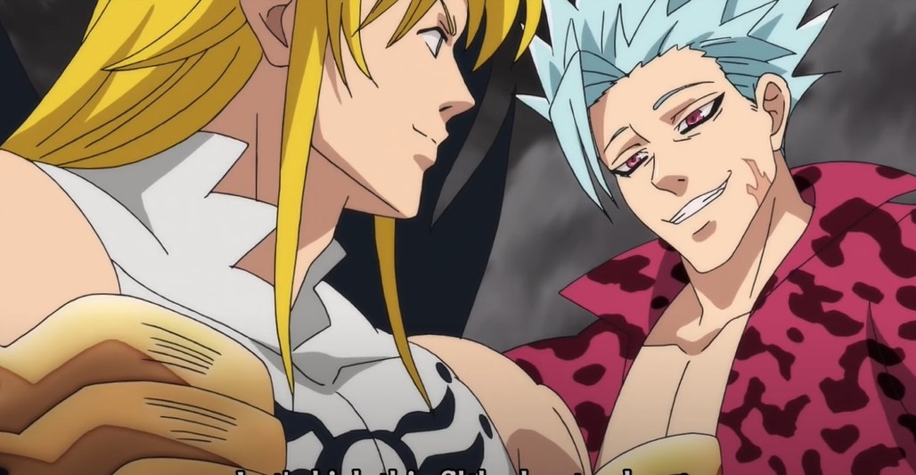 Ban smirking at Demon King Meliodas as he rescues Hawk