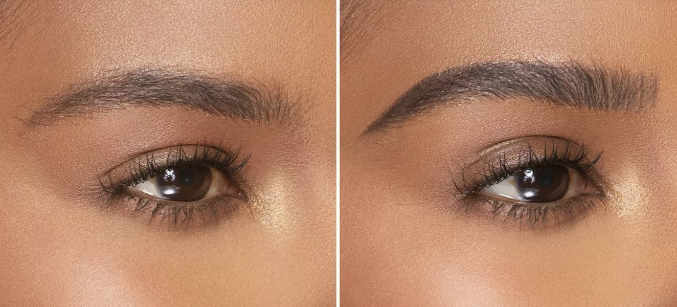 A person showing before and after images of their eyebrows