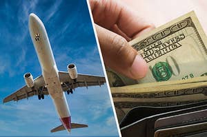 plane takin off next to wallet with american cash in it 