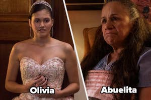 Olivia is on the left looking worried, and Abuelita is on the right with tears in her eyes.