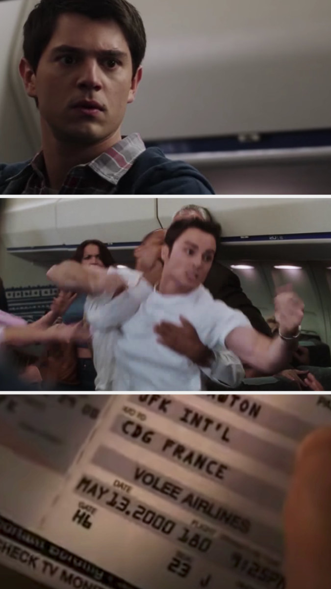 Sam sees Carter and Alex get escorted off the plane then looks at his ticket which reveals that the flight is with Volee airlines in May 2000