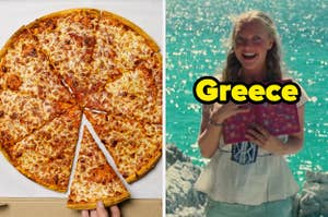 On the left, a cheese pizza, and on the right, Amanda Seyfried singing Honey, Honey in front of the sea as Sophie in Mamma Mia