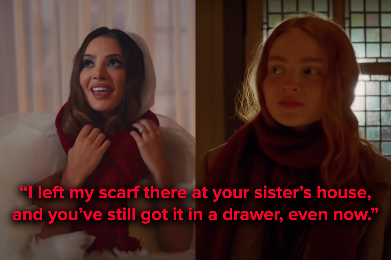 the bride wearing a scarf, and in the short film, the girlfriend wears the same scarf