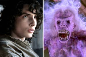 Boy with brown curly hair looking to the side, next to a purple scary looking ghost.