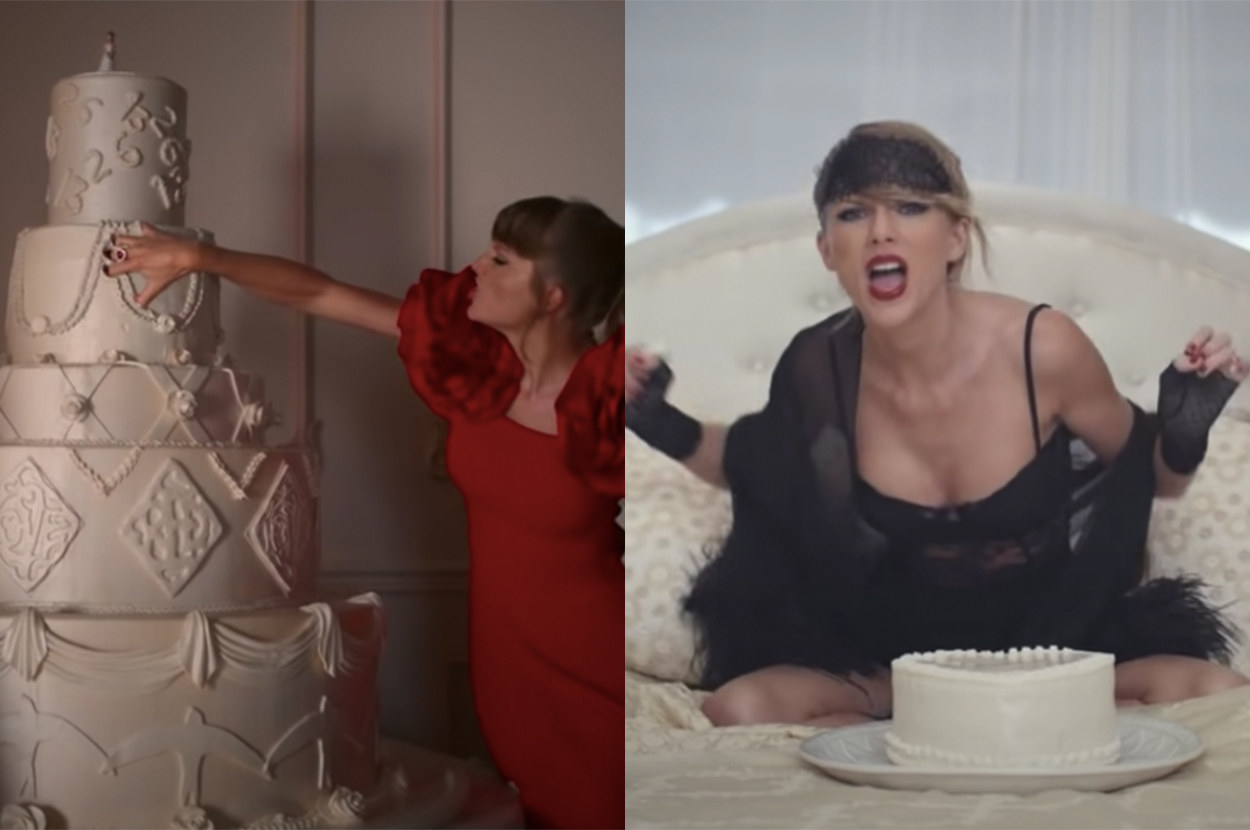Taylor ruins a cake in both videos