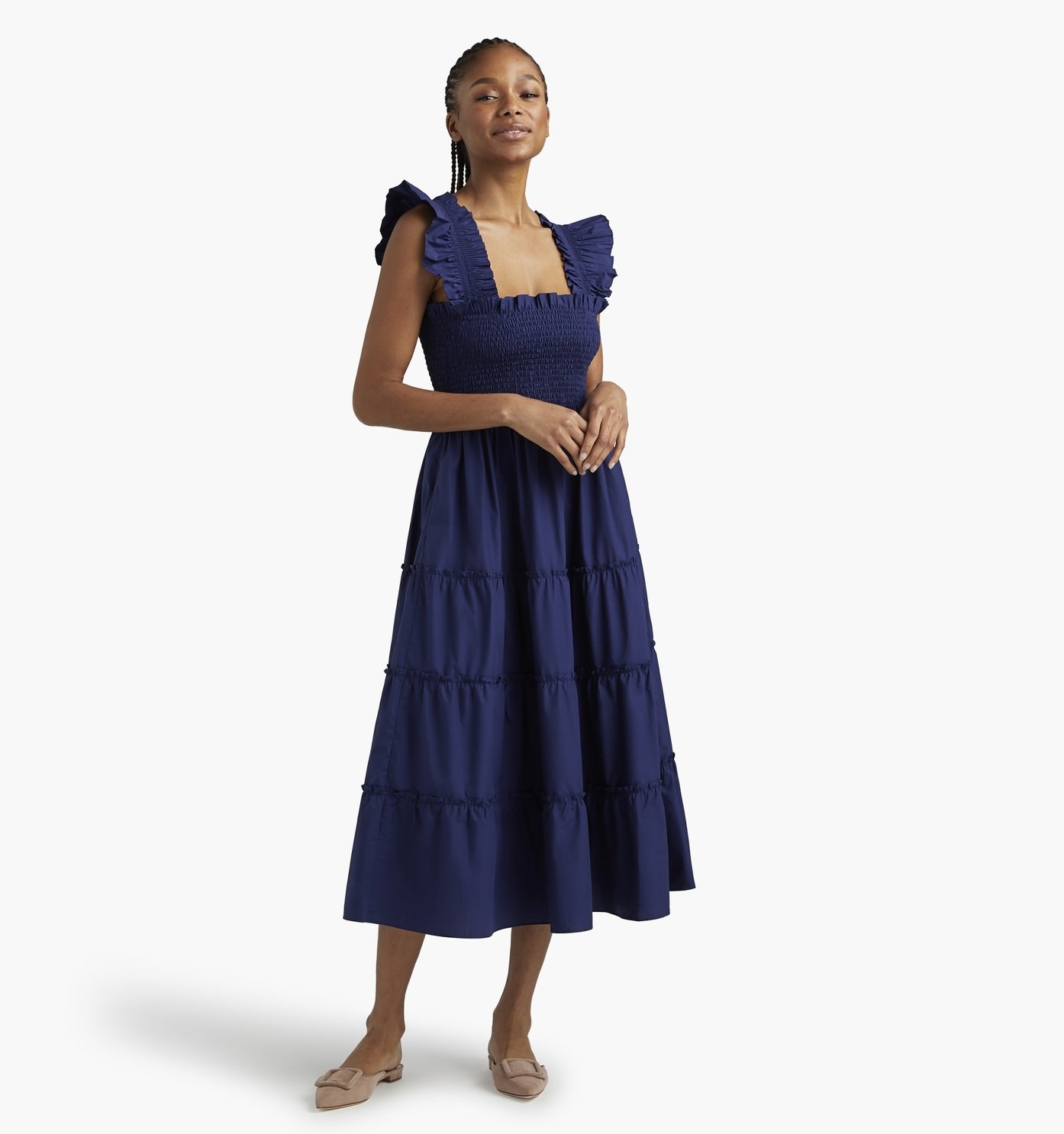 model wearing a navy blue nap dress