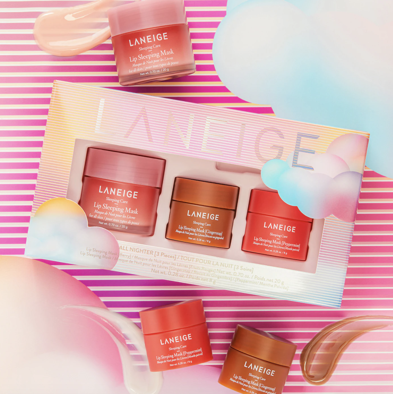 a box containing three laneige lip balms; two are in limited edition holiday flavours