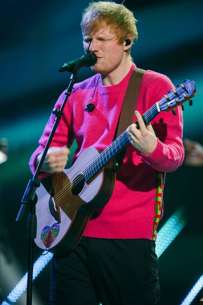 Ed Sheeran performs on stage during the 2021 MTV Europe Music Awards.