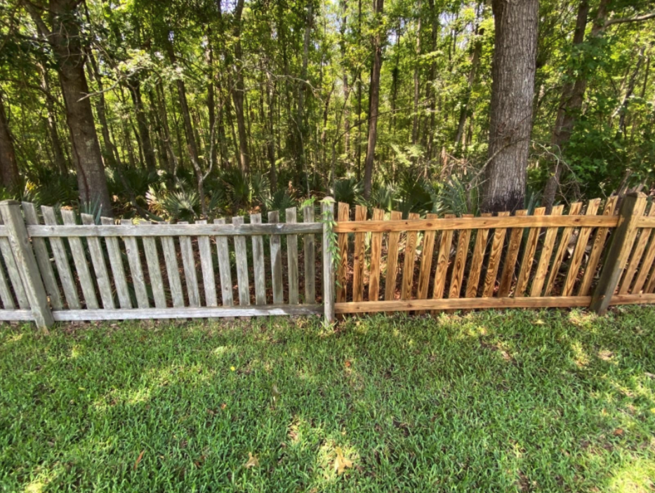 reviewer&#x27;s fence with half of it cleaned and the other half dull and significantly dirtier